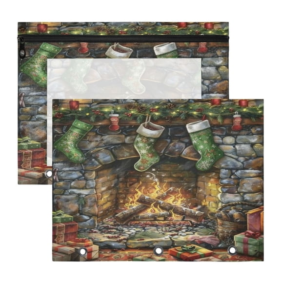 Wobogo Christmas Fireplace A4 Size Clear Polyester File Pocket Set of 2 Zipper Home Work Office Organizer