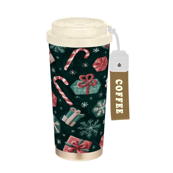 Wobogo Christmas Gift Elements Double Drinking Coffee Cup Insulated Mug with Food-grade 316 Stainless Steel Beige Lid