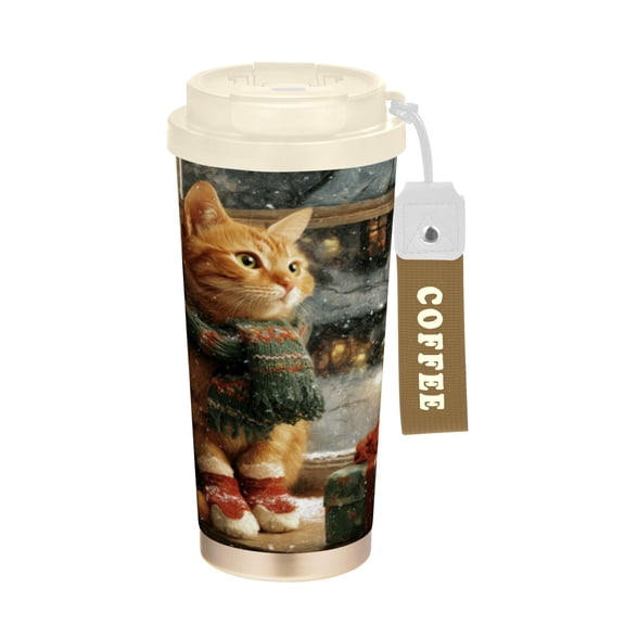 Wobogo Christmas Ginger Cat Double Drinking Coffee Cup Insulated Mug with Food-grade 316 Stainless Steel Beige Lid