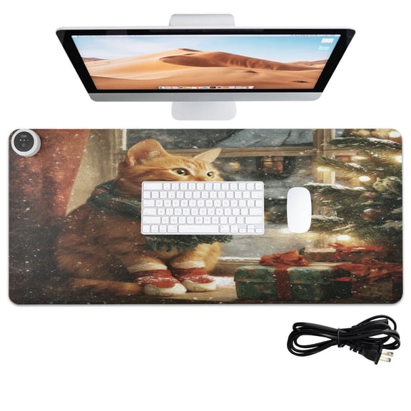 Wobogo Christmas Ginger Cat Heated Mouse Pad With 3 Heating Levels and 3-hour Auto Shut-Off Protection Ideal for Computer Keyboards Home Office Hand-warming Essential