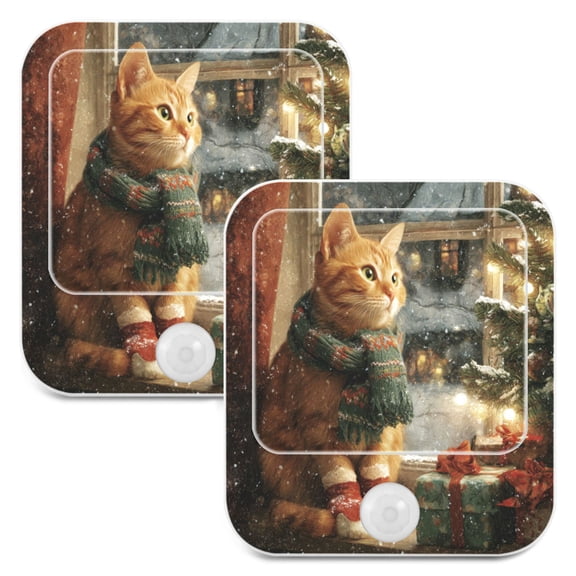 Wobogo Christmas Ginger Cat Night Light Lamp Set of 2 with Smart Sensor Dusk to Dawn Sensor 0.6W Plug-in