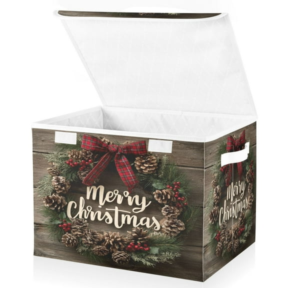Wobogo Christmas Oak Wreath Large Collapsible Storage Box Flip Lid Fabric Decorative Organizer Container Basket with Handles 16.512.611.8in