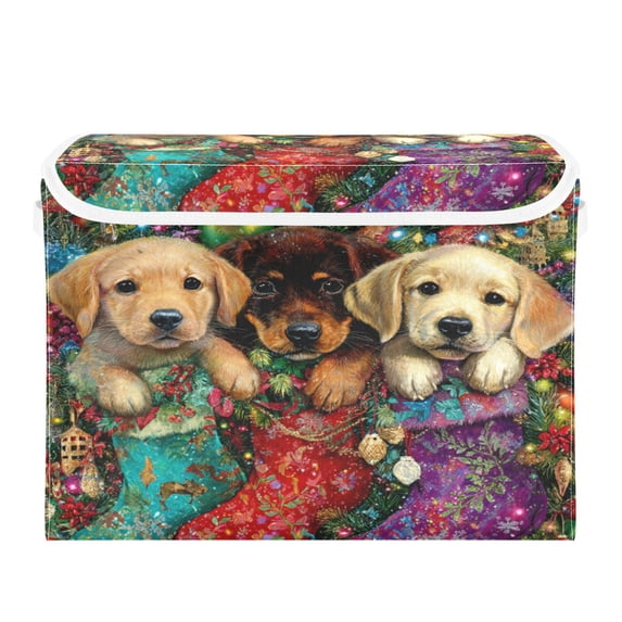 Wobogo Christmas Puppies Large Collapsible Storage Box Flip Lid Fabric Decorative Organizer Container Basket with Handles 16.5×12.6×11.8in