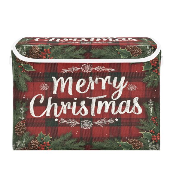 Wobogo Christmas Red Plaid Large Collapsible Storage Box Flip Lid Fabric Decorative Organizer Container Basket with Handles 16.512.611.8in