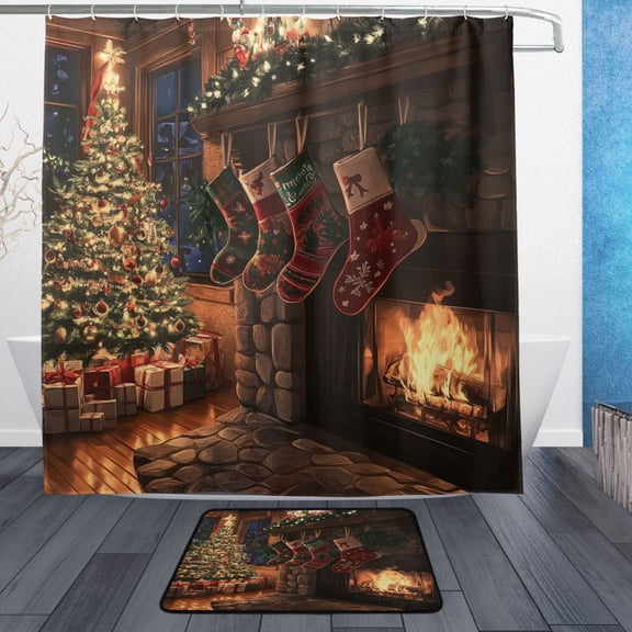 Wobogo Christmas Stockings Anime Bathroom Shower Curtain Set with Floor Mat and Hooks Ultra Waterproof Visible Slider Beads