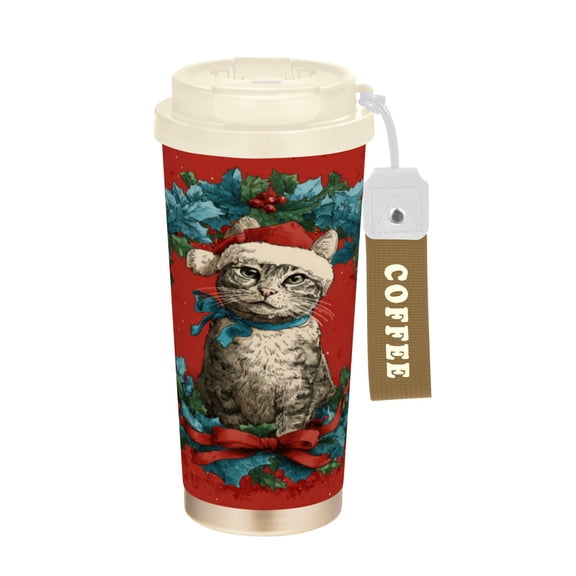 Wobogo Christmas Tabby Cat Double Drinking Coffee Cup Insulated Mug with Food-grade 316 Stainless Steel Beige Lid