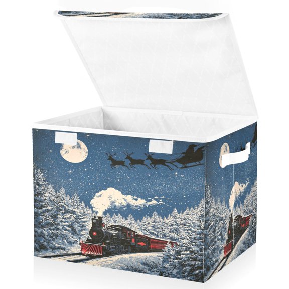 Wobogo Christmas Train Scene Large Fabric Storage Box with Flip Lid, Collapsible Organizer Basket with Handles, 16.512.611.8 in