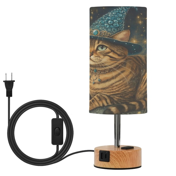 Wobogo Chubby Bengal Cat Bedside Lamp Touch Control Table Lamp with USB A+C Charging Ports & AC Outlet 3-Way Dimmable Nightstand Lamp with Linen Fabric Shade for Bedroom Living Room