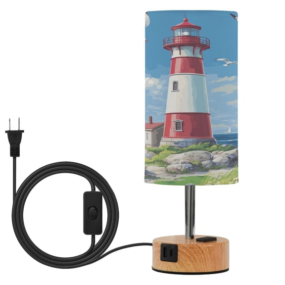 Wobogo Coastal Lighthouse Bedside Lamp Touch Control Table Lamp with USB A+C Charging Ports & AC Outlet 3-Way Dimmable Nightstand Lamp with Linen Fabric Shade for Bedroom Living Room