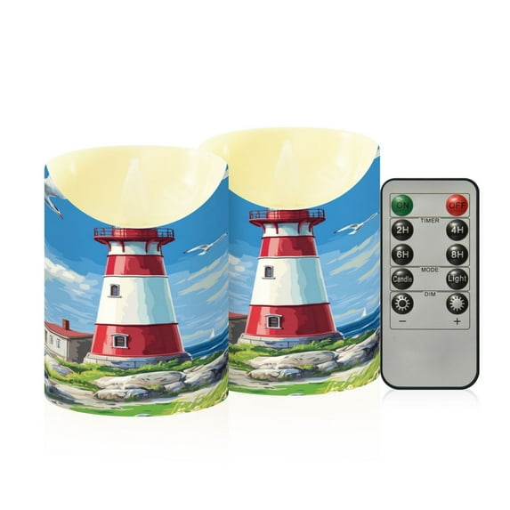 Wobogo Coastal Lighthouse Flameless Candles with Remote Battery Operated Flickering LED Candles with Timer 2/4/6/8H Small Size