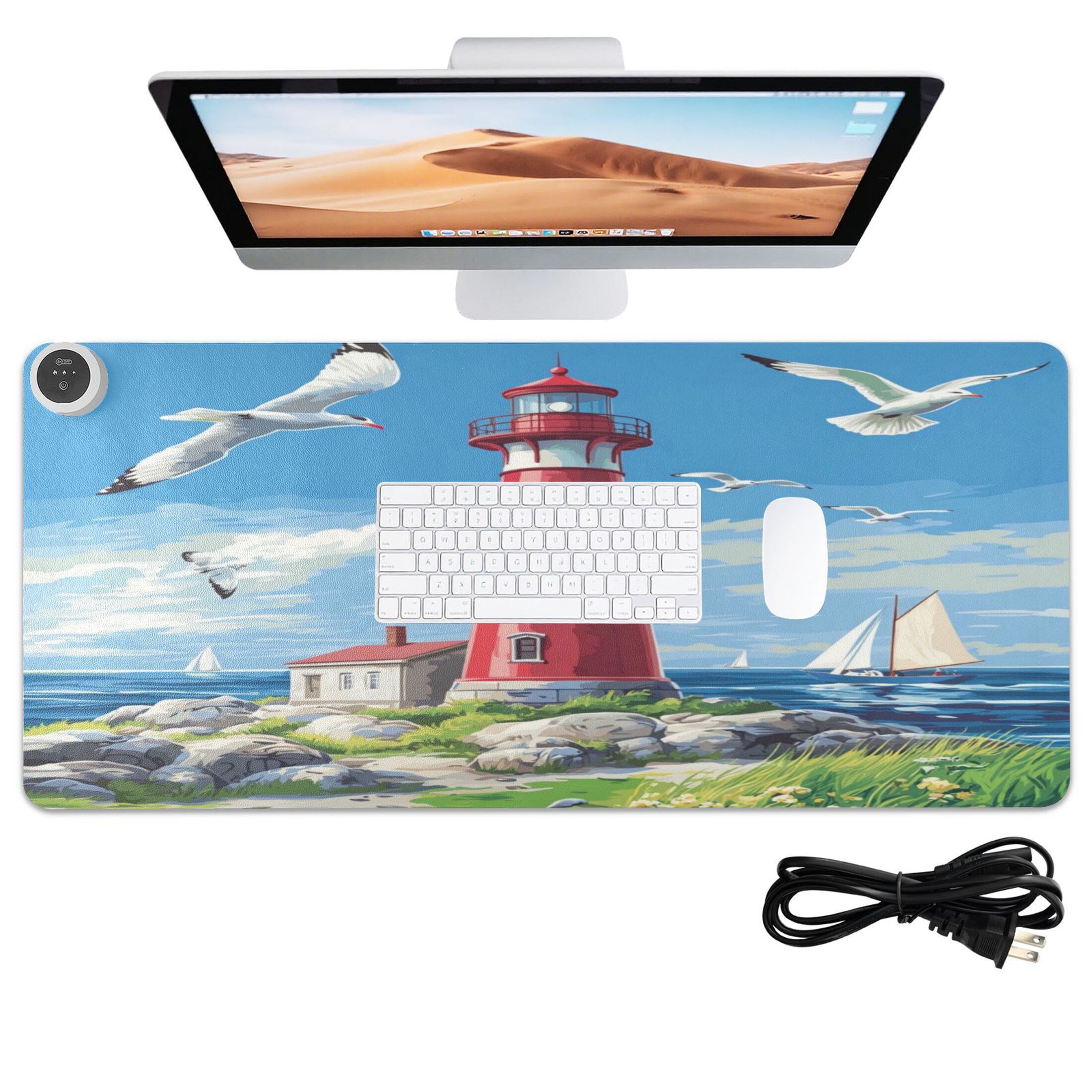 Wobogo Coastal Lighthouse Heated Mouse Pad Extra-Large Desk Mat With 3 Heating Levels and 3-hour Auto Shut-Off Protection Ideal for Computer Keyboards Home Office Hand-warming Essential 31.5in × 13in