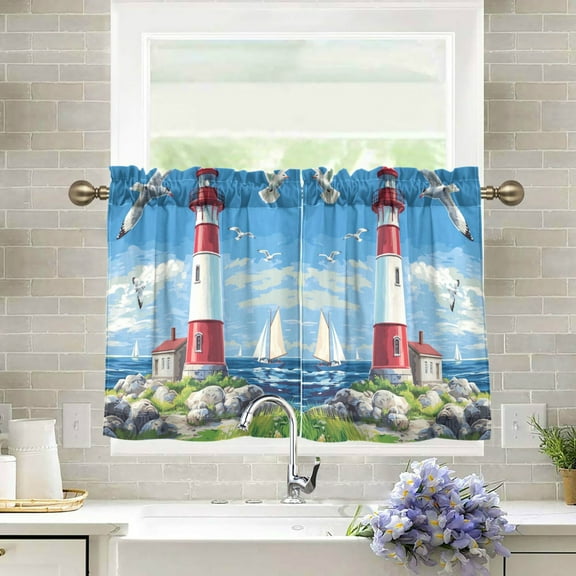 Wobogo Coastal Lighthouse Kitchen Curtains 2 Piece Set Farmhouse Country Style Light Filtering Small Window Drapes Suitable for Bathroom Laundry Room and RV 27x24in