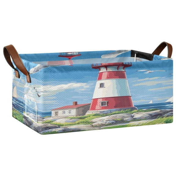 Wobogo Coastal Lighthouse Storage Basket Soccer Plaid Fabric Oversized Collapsible Hoard Box with Metal Iron Frame 16.9×11.4×7.7in