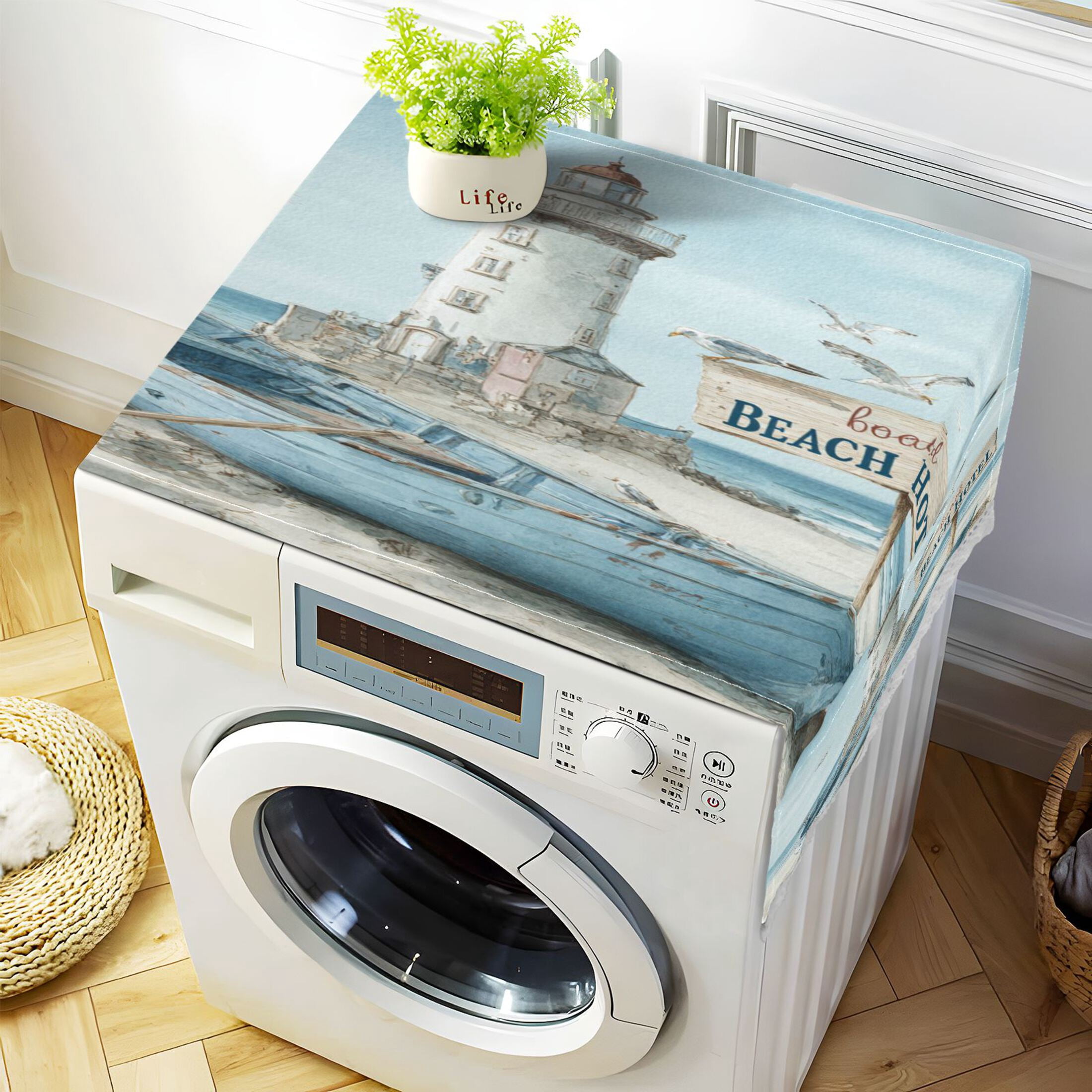 Wobogo Coastal Theme Washing Machine Cover Dustproof Washer Dryer Cover Waterproof Laundry Room Decorative Protector