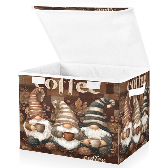 Wobogo Coffee Gnomes Large Collapsible Storage Box Flip Lid Fabric Decorative Organizer Container Basket with Handles 16.512.611.8in