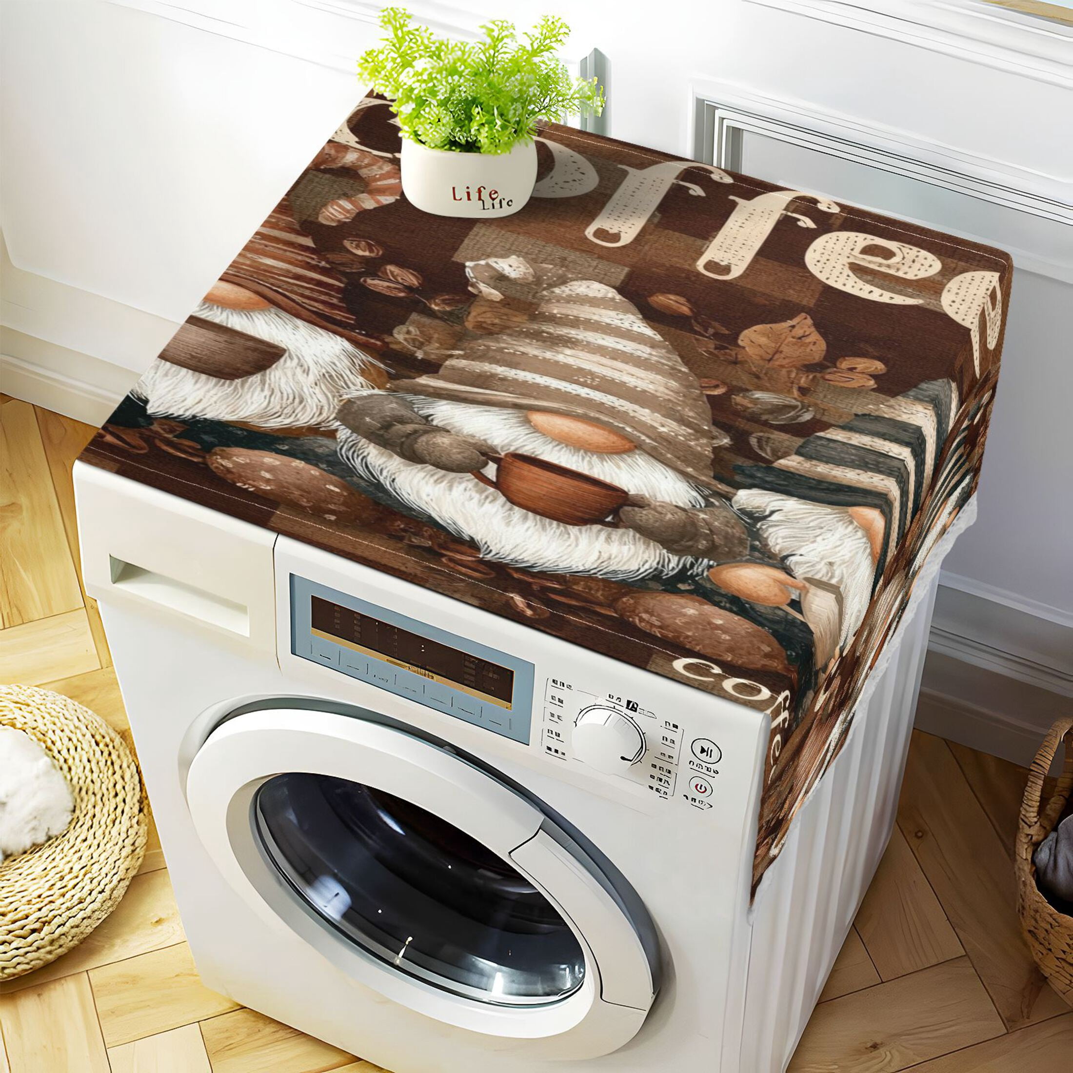 Wobogo Coffee Gnomes Washing Machine Cover Dustproof Washer Dryer Cover Waterproof Laundry Room Decorative Protector
