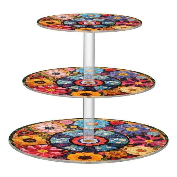 Wobogo Collage Art Flower 3 Tier Acrylic Cake Stand with Clear Round Hold for Wedding Holiday Birthday Baby Shower Tea Party