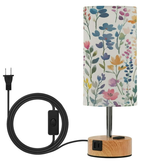 Wobogo Colorful Abstract Flower Bedside Lamp Touch Control Table Lamp with USB A+C Charging Ports & AC Outlet 3-Way Dimmable Nightstand Lamp with Linen Fabric Shade for Bedroom Living Room