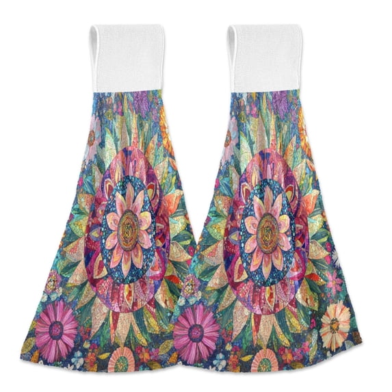 Wobogo Colorful Blooms Floral Hand Towel Set of 2 Absorbent for Kitchen and Bathroom With Velcro Hanging Loop 18.2×14in
