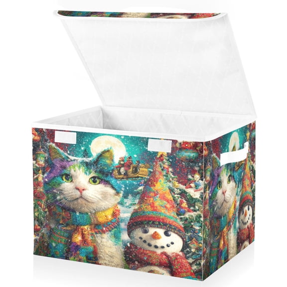 Wobogo Colorful Cat and Snowman Large Collapsible Storage Box Flip Lid Fabric Decorative Organizer Container Basket with Handles 16.512.611.8in