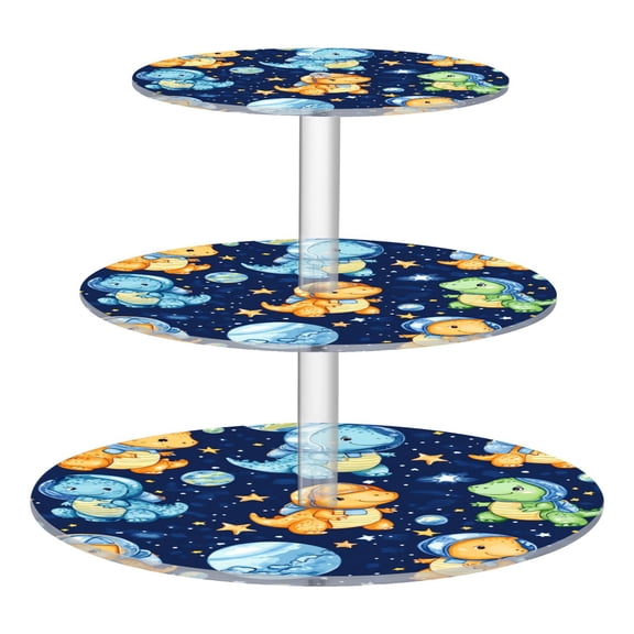 Wobogo Colorful Dinosaur Patterns 3 Tier Acrylic Cake Stand with Clear Round Hold for Wedding Holiday Birthday Baby Shower Tea Party