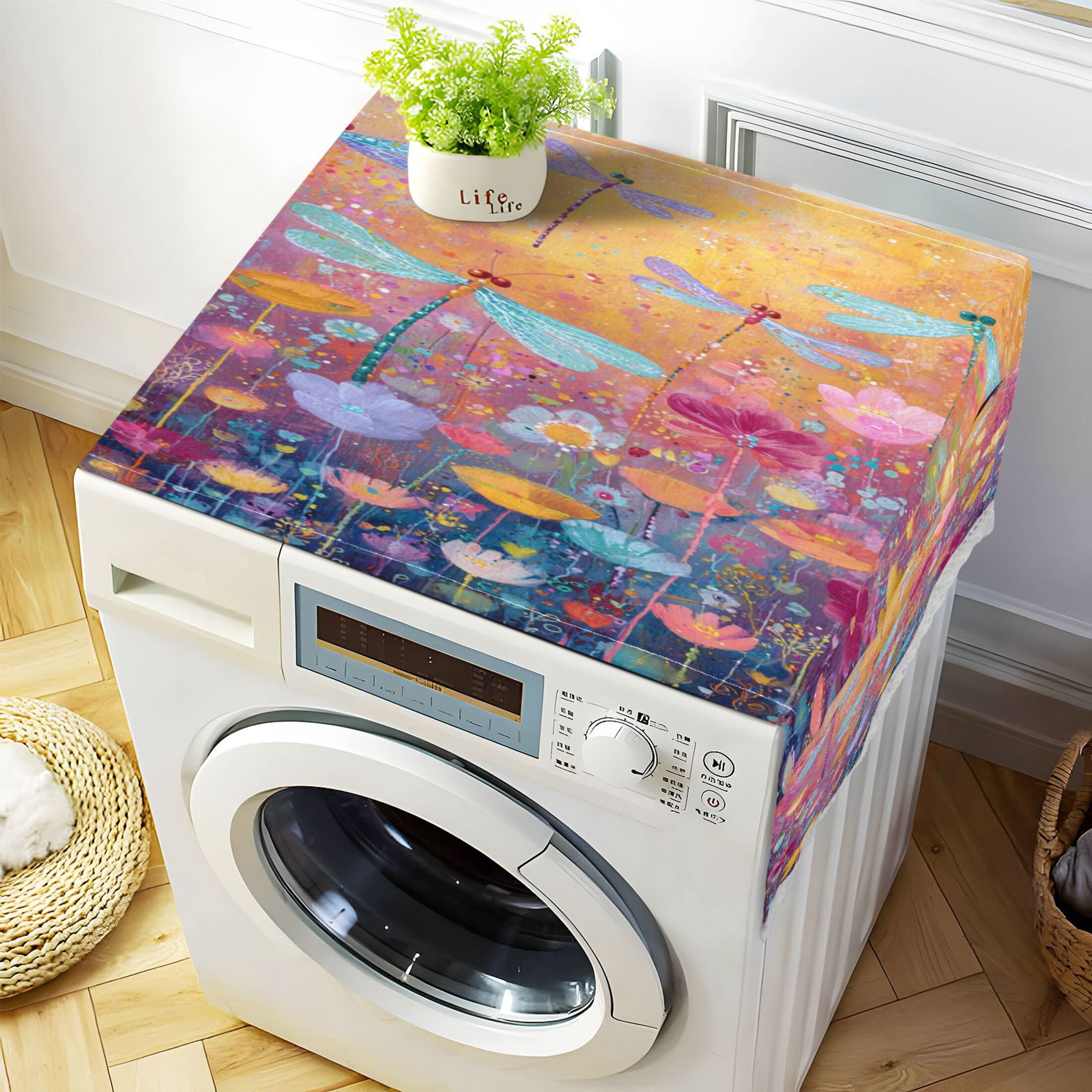 Wobogo Colorful Dragonfly Florals Washing Machine Cover Dustproof Washer Dryer Cover Waterproof Laundry Room Decorative Protector