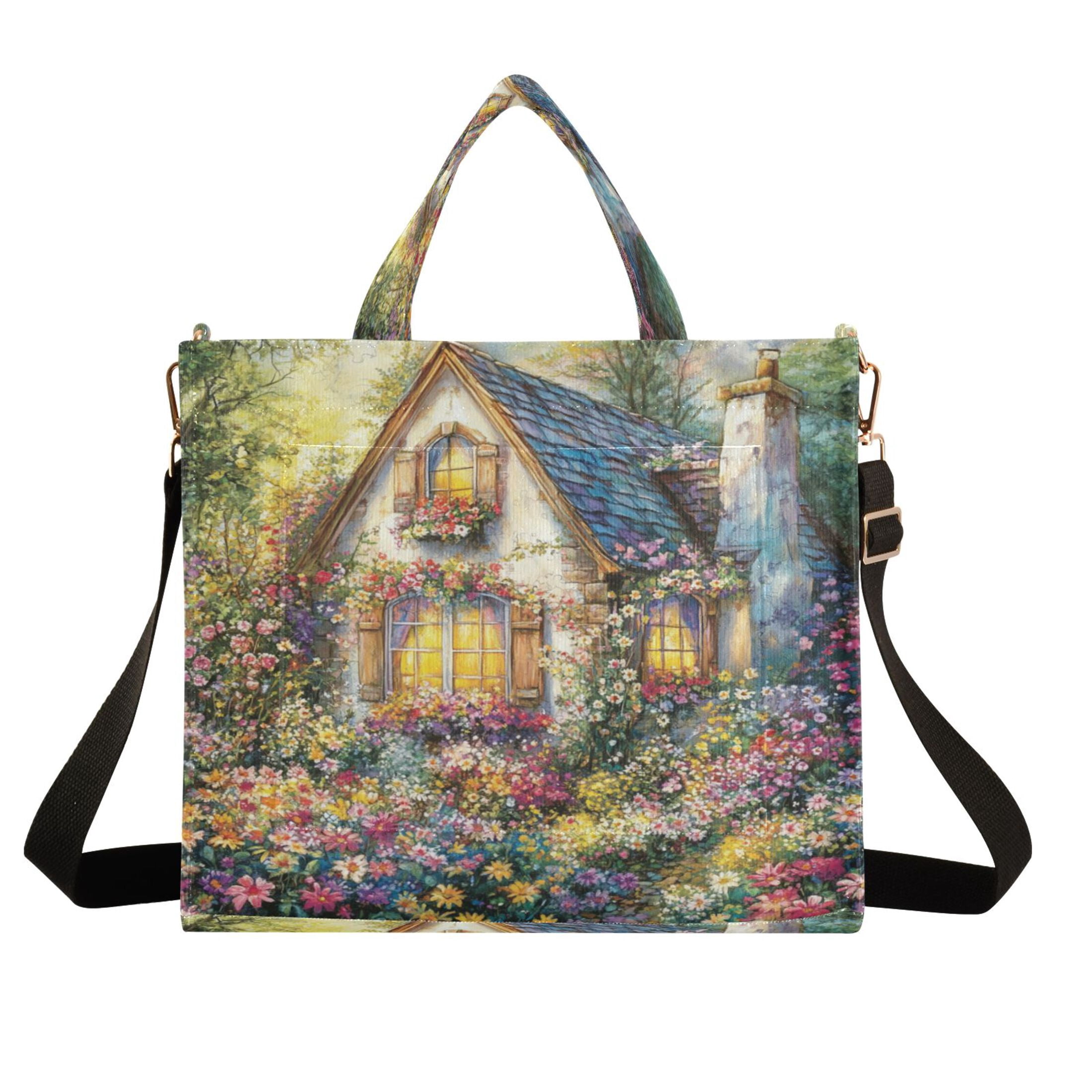 Wobogo Colorful Flower Church Corduroy Tote Bag for Women Travel Crossbody Bag Purse Women Shoulder Bags Work Handbags Daily Commuter Bag 13.7×12.2inch