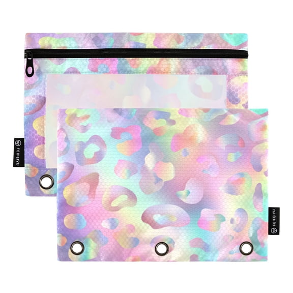 Wobogo Colorful Leopard Print Pencil Pouch with 3 Ring Binder Holes Set of 2 for Learning Tools