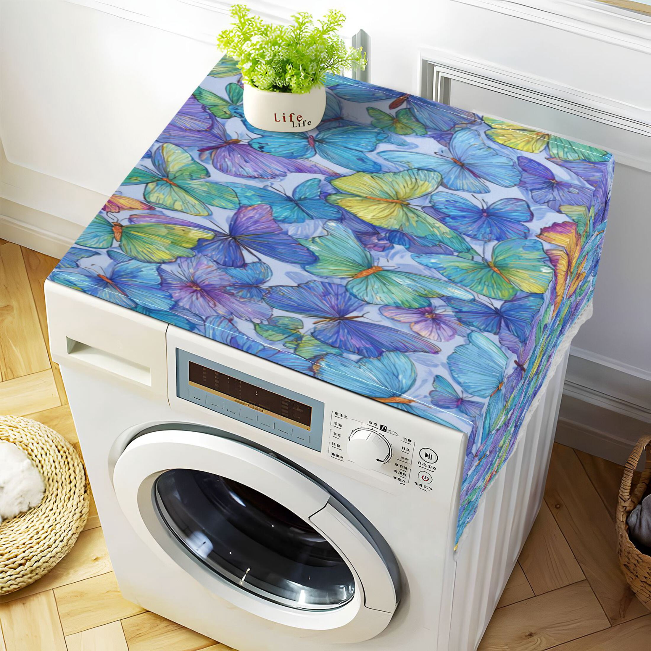 Wobogo Colorful Rainbow Butterfly Washing Machine Cover Dustproof Washer Dryer Cover Waterproof Laundry Room Decorative Protector