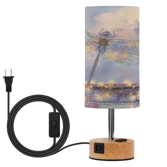 Wobogo Colourful Dragonfly Bedside Lamp Touch Control Table Lamp with USB A+C Charging Ports & AC Outlet 3-Way Dimmable Nightstand Lamp with Linen Fabric Shade for Bedroom Living Room