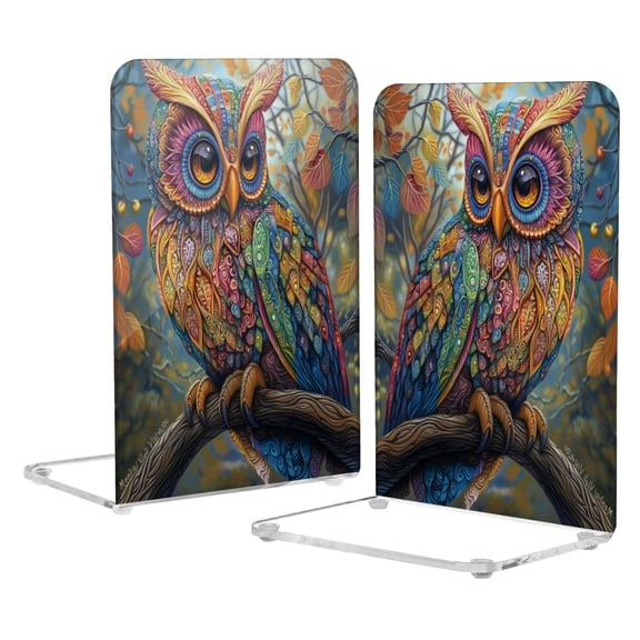 Wobogo Complex Camo Owls Acrylic Bookends Clear L-Shaped Book Holder with Non-Slip Pads for Books Files Magazines CD DVD 5.44.18.1in
