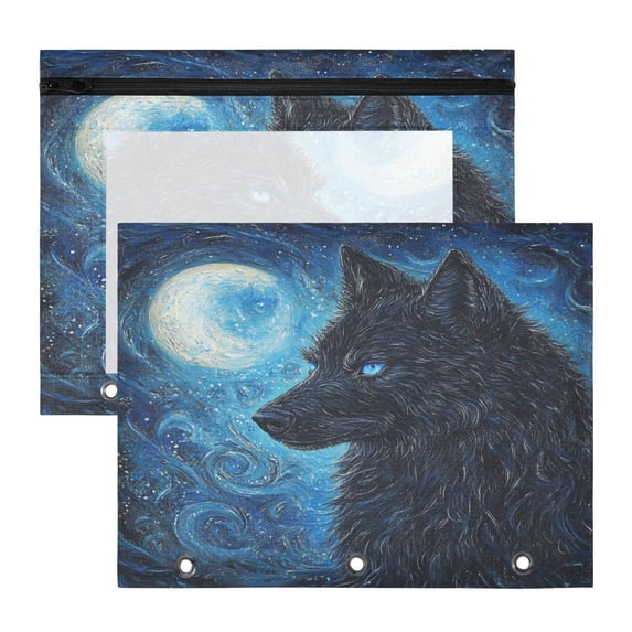 Wobogo Cool Black Wolf A4 Size Clear Polyester File Pocket Set of 2 Zipper Home Work Office Organizer