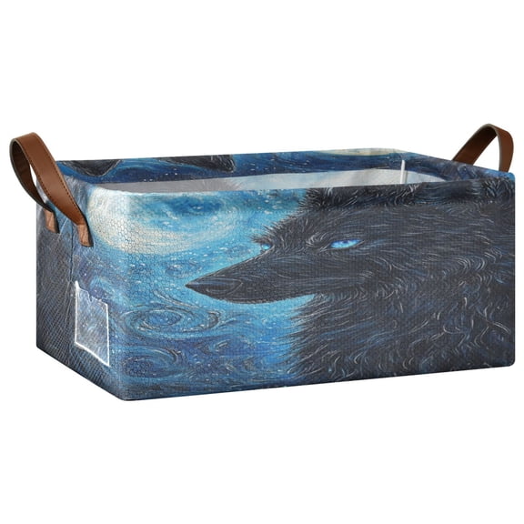 Wobogo Cool Black Wolf Storage Basket Soccer Plaid Fabric Oversized Collapsible Hoard Box with Metal Iron Frame 16.9×11.4×7.7in