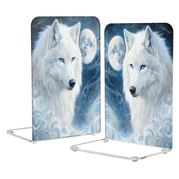 Wobogo Cool White Wolf Acrylic Bookends Clear L-Shaped Book Holder with Non-Slip Pads for Books Files Magazines CD DVD 5.44.18.1in