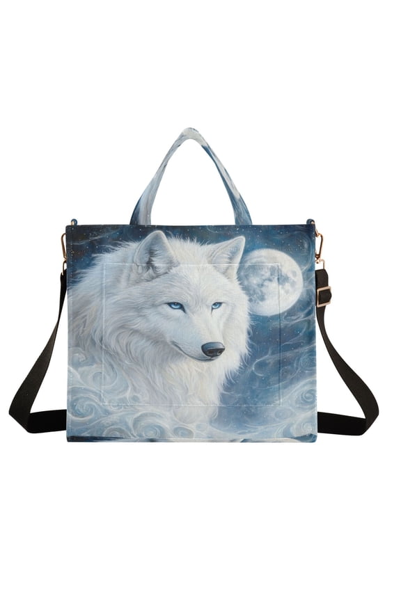 Wobogo Cool White Wolf Corduroy Tote Bag for Women Travel Crossbody Bag Purse Women Shoulder Bags Work Handbags Daily Commuter Bag 10.2×9inch