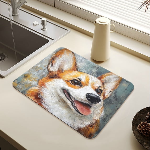Wobogo Corgi with Oil Painting Style Dish Drying Mats Diatomaceous Earth Super Absorbent Non-slip Rubber Sole 15.7×11.8in