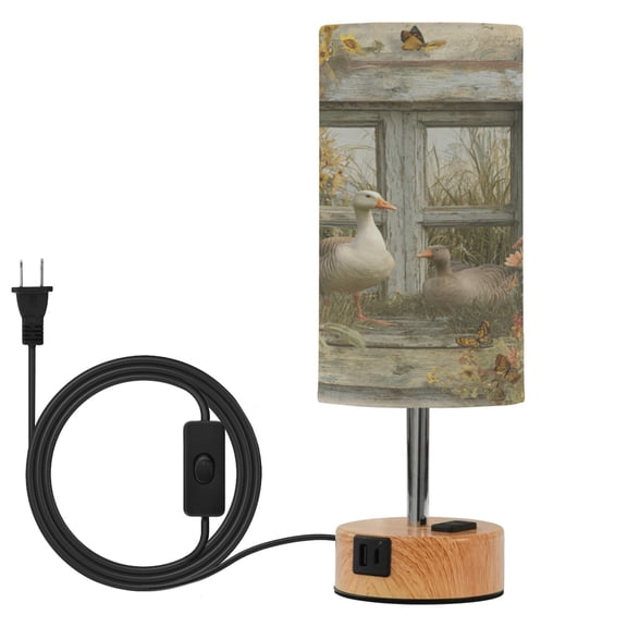 Wobogo Country Goose Bedside Lamp Touch Control Table Lamp with USB A+C Charging Ports & AC Outlet 3-Way Dimmable Nightstand Lamp with Linen Fabric Shade for Bedroom Living Room