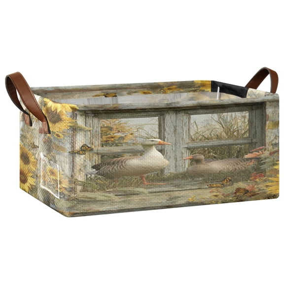 Wobogo Country Goose Storage Basket Soccer Plaid Fabric Oversized Collapsible Hoard Box with Metal Iron Frame 16.9×11.4×7.7in