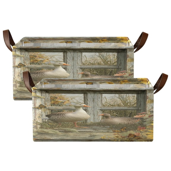 Wobogo Country Goose Storage Basket Soccer Plaid Fabric Oversized Collapsible Hoard Box with Metal Iron Frame Two Piece Set 16.9×11.4×7.7in
