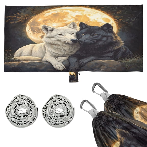 Wobogo Cozy Two Wolves Camping Hammocks 330 lb Capacity with Tree Straps and Hanging Pockets for Outside Hiking Beach Backpack Travel