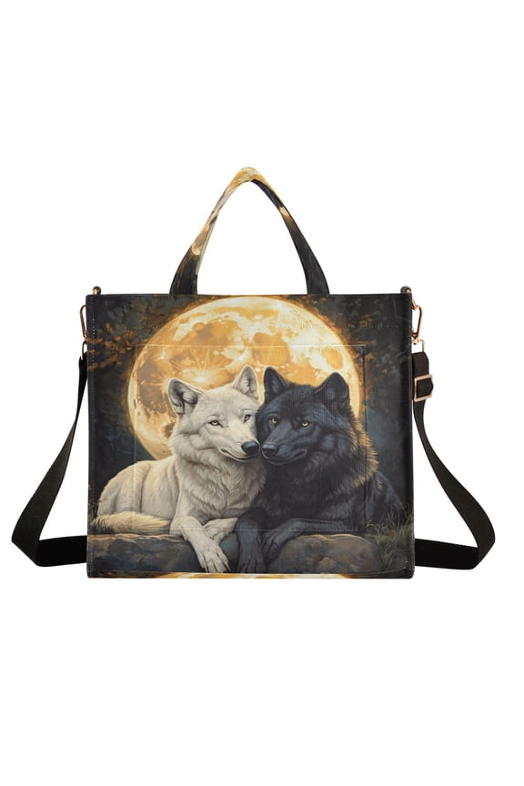 Wobogo Cozy Two Wolves Corduroy Tote Bag for Women Travel Crossbody Bag Purse Women Shoulder Bags Work Handbags Daily Commuter Bag 13.7×12.2inch