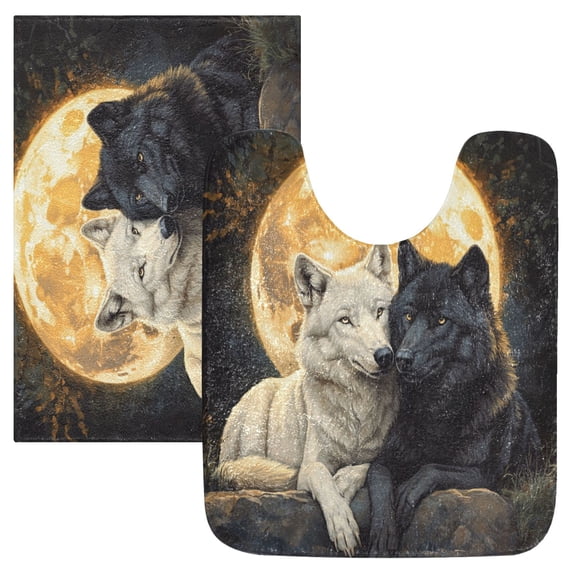 Wobogo Cozy Two Wolves U-Shaped Toilet Bath Mat Set Super Soft Absorbent Quick Dry Memory Foam Non Slip Bathroom Rugs for Tub Shower and Single Sink