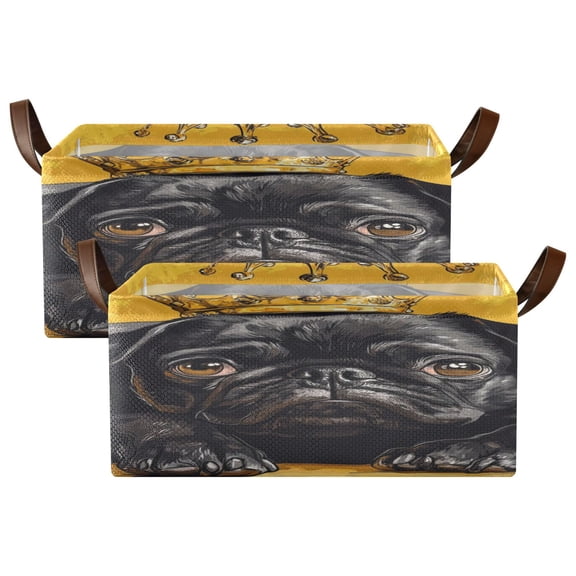 Wobogo Crown Black Pug Dog Storage Basket Soccer Plaid Fabric Oversized Collapsible Hoard Box with Metal Iron Frame Two Piece Set 16.9×11.4×7.7in