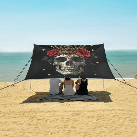Wobogo Crown Skull Black Pattern Beach Tent Camping Sun Shelter 110 x 125in UPF50+ Outdoor Shade for Trips Fishing Picnics