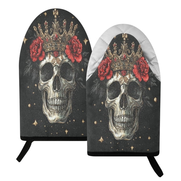 Wobogo Crown Skull Black Pattern Heat Resistant Oven Mitts Quilted Cotton Kitchen Gloves with Hanging Loop for Cooking BBQ Microwave