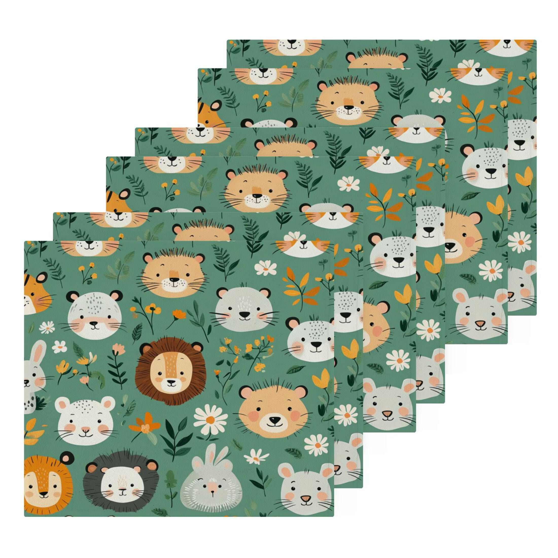 Wobogo Cute Animal Faces in A Seamless Jungle Pattern Square Cotton Towel Set of 6 Soft and Skin-friendly with Good Absorbency 12×12in