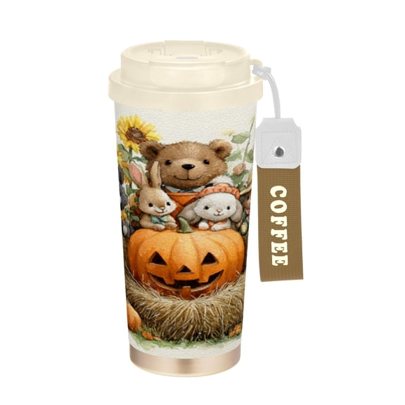 Wobogo Cute Animals Double Drinking Coffee Cup Insulated Mug with Food-grade 316 Stainless Steel Beige Lid