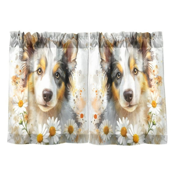 Wobogo A Cute Border Collie with Daisies Pattern Kitchen Curtains 2 Piece Set Farmhouse Country Style Light Filtering Small Window Drapes Suitable for Bathroom Laundry Room and RV 27x36in