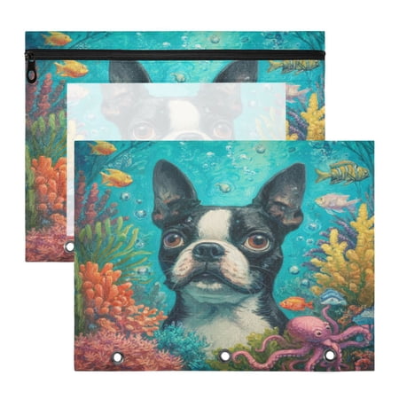 Wobogo Cute Boston Terrier A4 Size Clear Polyester File Pocket Set of 2 Zipper Home Work Office Organizer