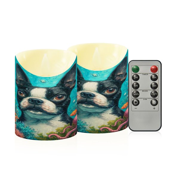 Wobogo Cute Boston Terrier Flameless Candles with Remote Battery Operated Flickering LED Candles with Timer 2/4/6/8H Small Size
